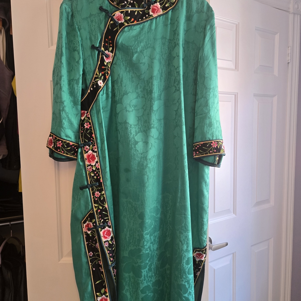 Teal Floral Embroidered Mandarin Collar Dress